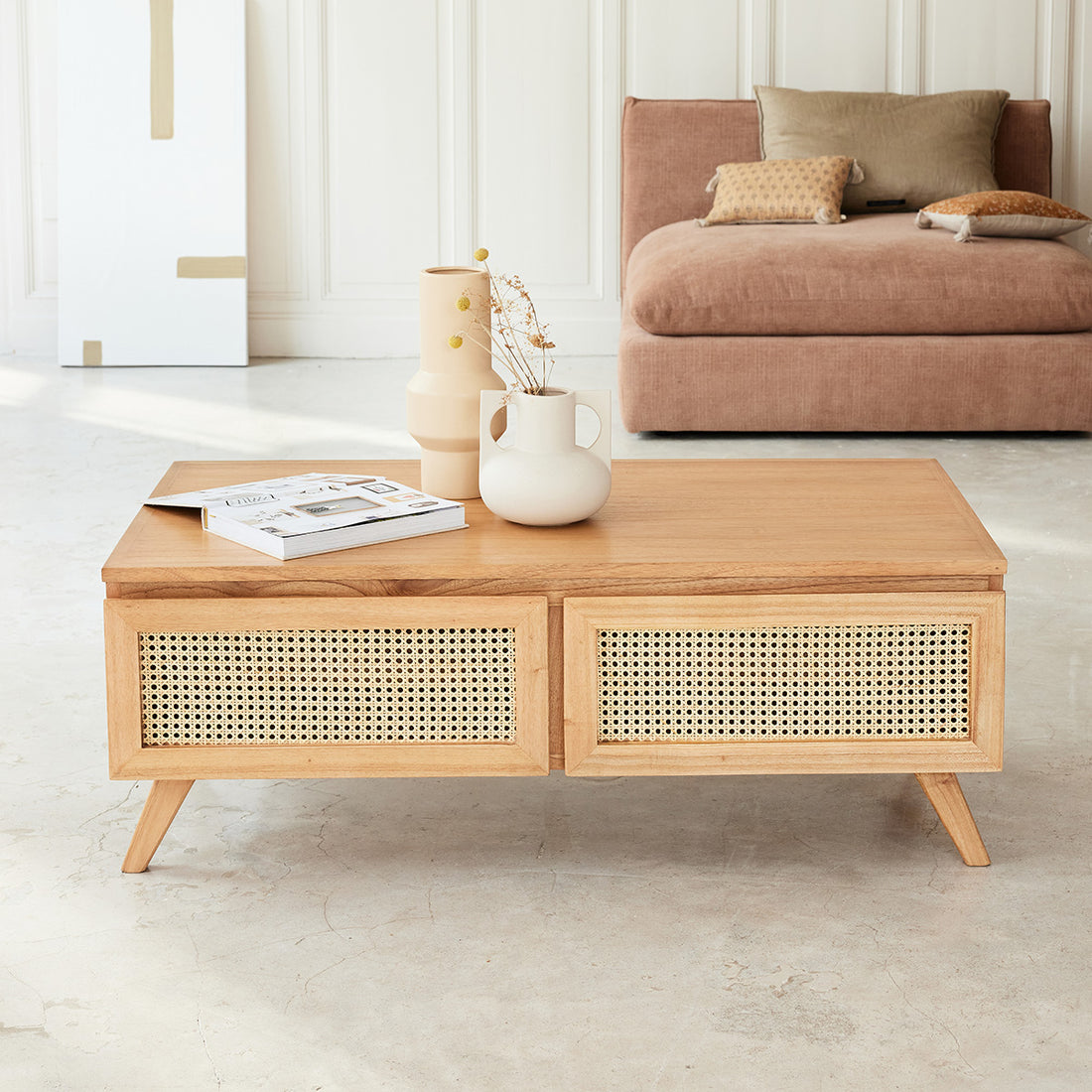 ISÉE - Table basse en mindi massif et cannage 110 cm