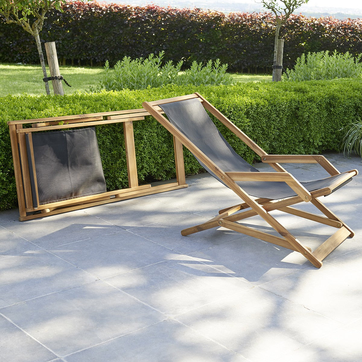 HANOÏ - Transat en acacia massif et textilène noir (lot de 2)