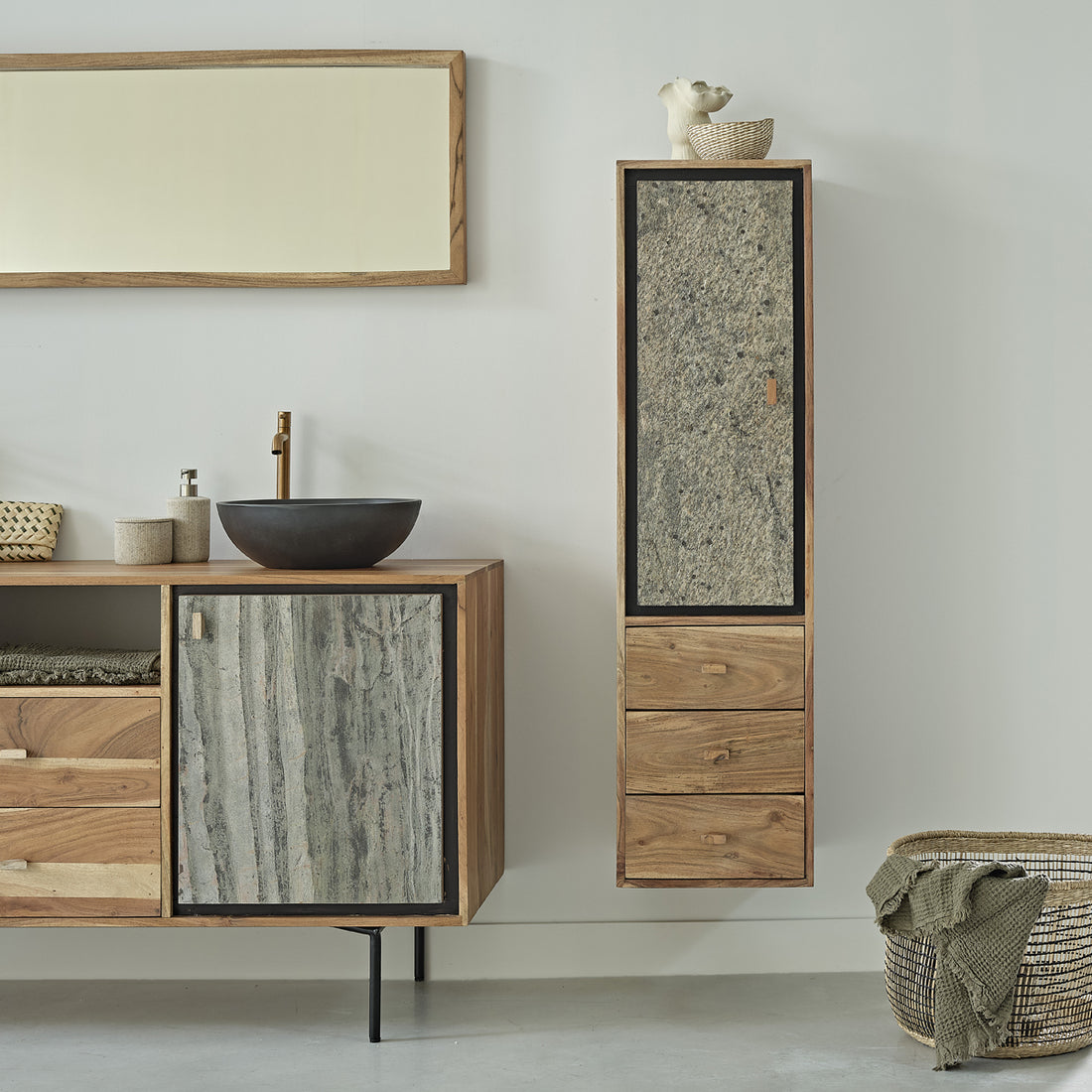 EDEN ROCK - Colonne de salle de bain en acacia massif et pierre 130 cm