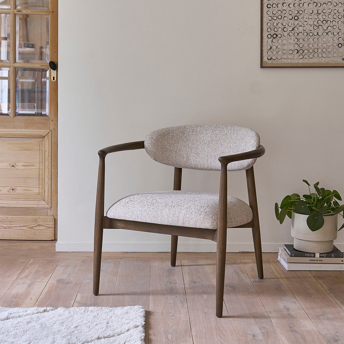 CÔME - Fauteuil en bois massif et tissu texturé beige chiné