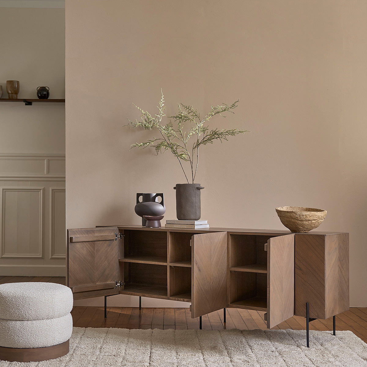 CALIX - Buffet en mindi massif et métal finition noyer 200 cm