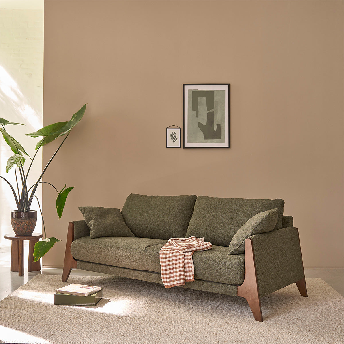 ONDINE - Canapé droit 3 places en bois massif et tissu bouclette kaki