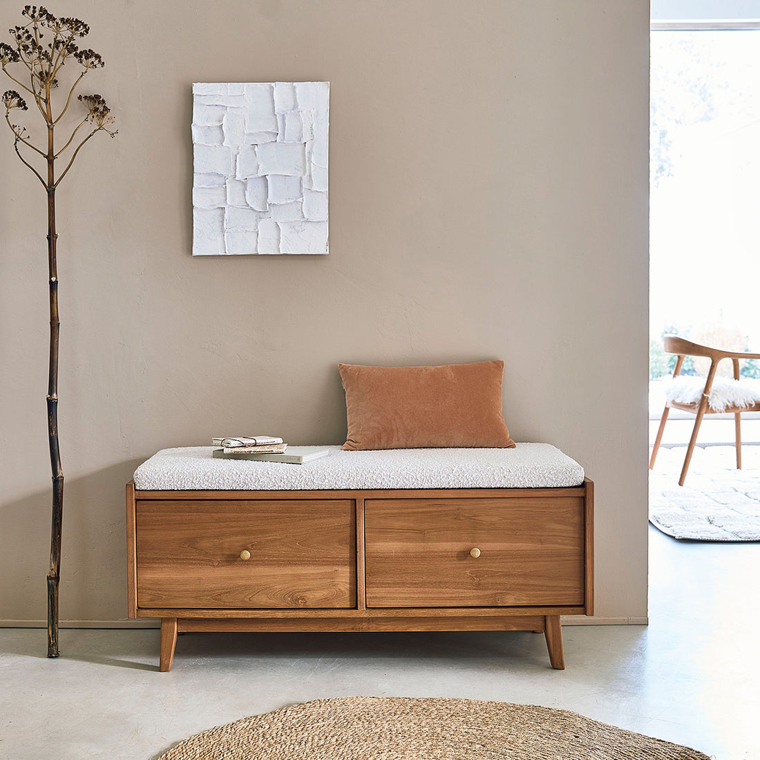 SERENE - Banc en teck massif et tissu bouclette 120 cm