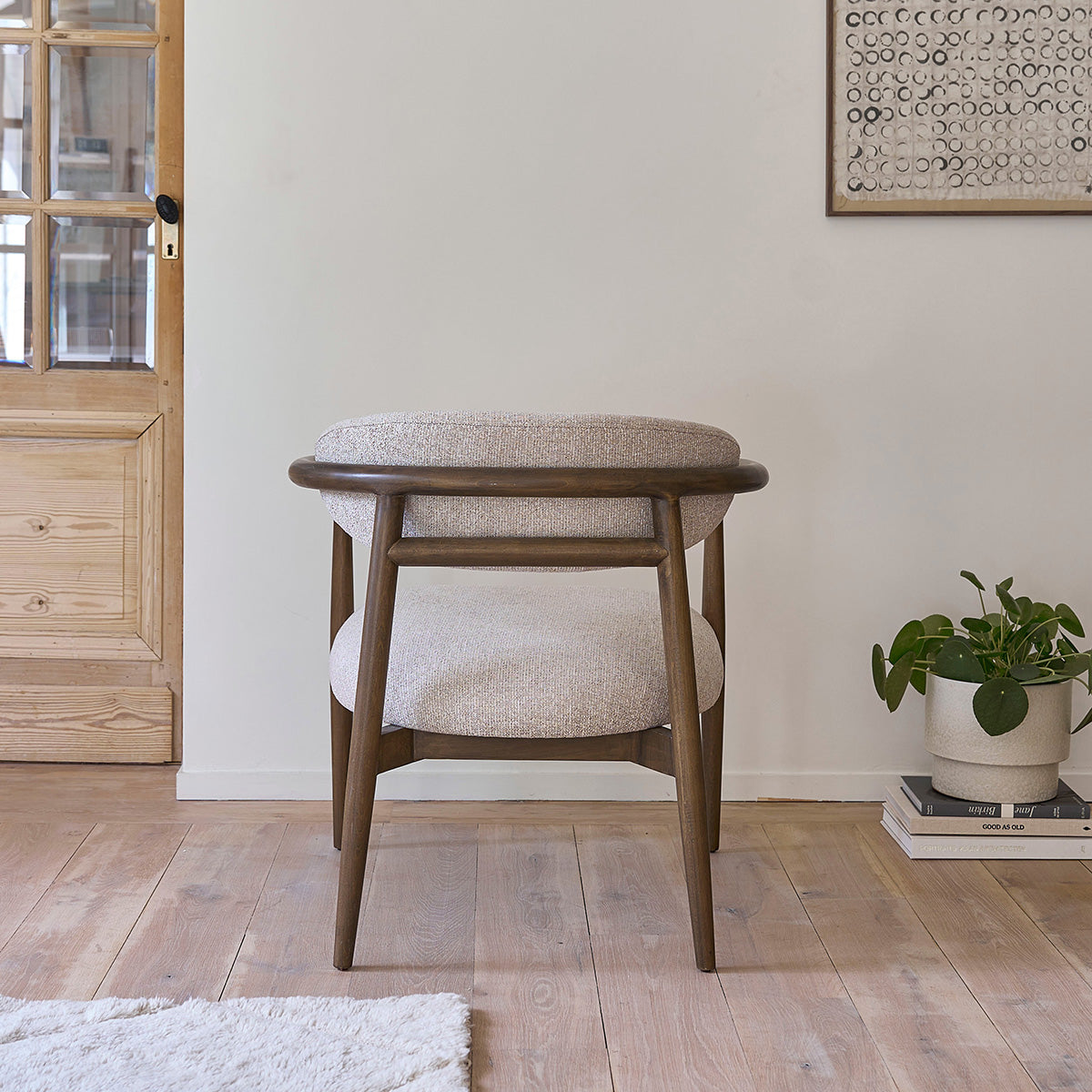 CÔME - Fauteuil en bois massif et tissu texturé beige chiné