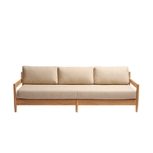 Canapé de jardin bas en teck massif avec coussins beige chiné 4 pers.