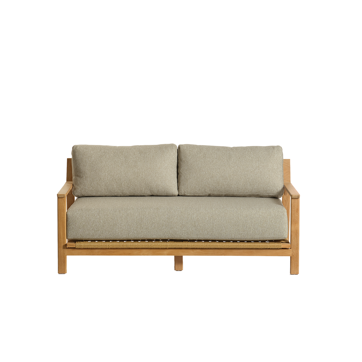 PIANA - Canapé de jardin en teck massif avec coussins gris chiné 2 pers.
