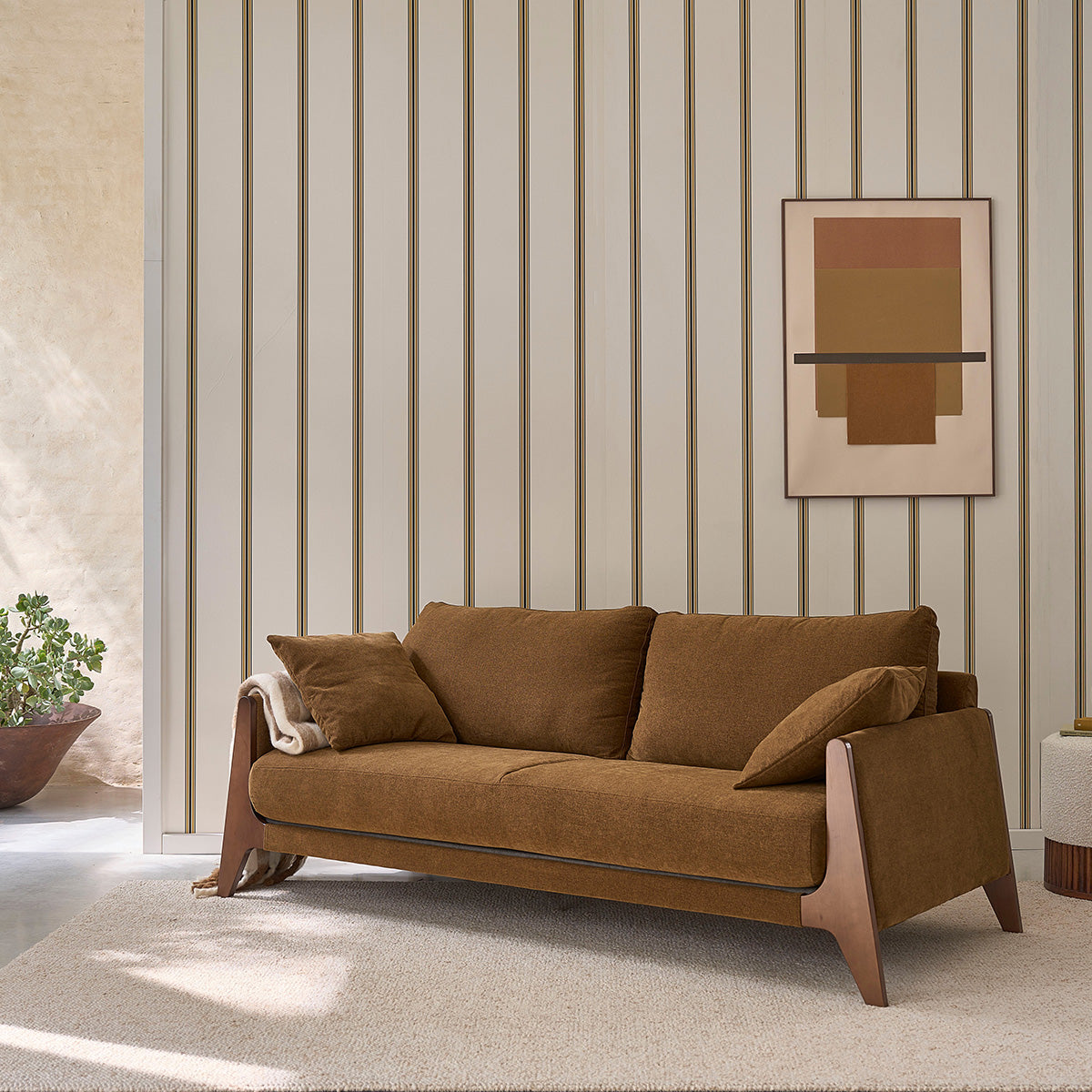 ONDINE - Canapé droit 3 places en bois massif et tissu velours bronze