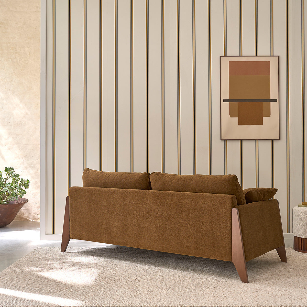 ONDINE - Canapé droit 3 places en bois massif et tissu velours bronze