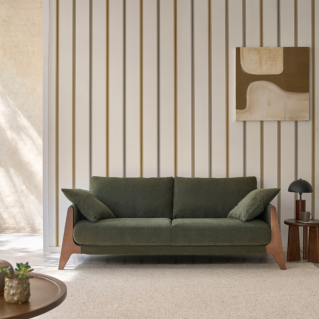 ONDINE - Canapé droit 3 places en bois massif et tissu velours vert mousse