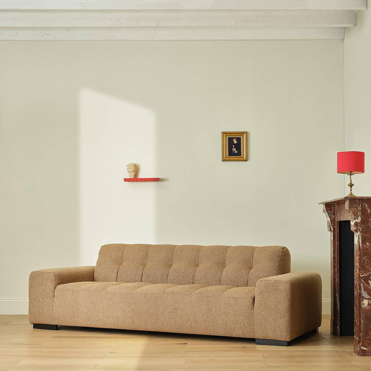 ALPHONSE - Canapé droit 4 places en tissu texturé marron clair chiné