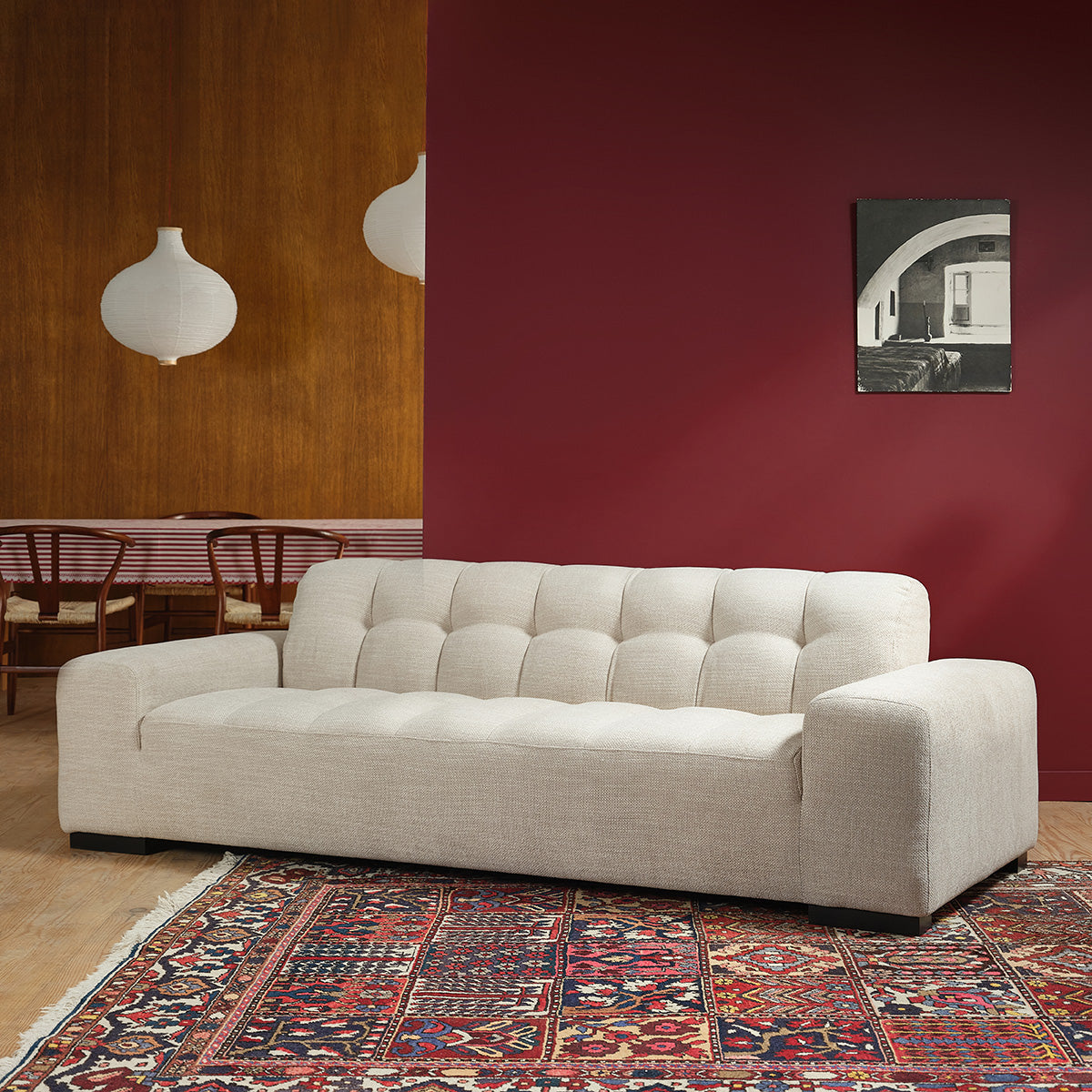 ALPHONSE - Canapé droit 4 places en tissu texturé beige chiné