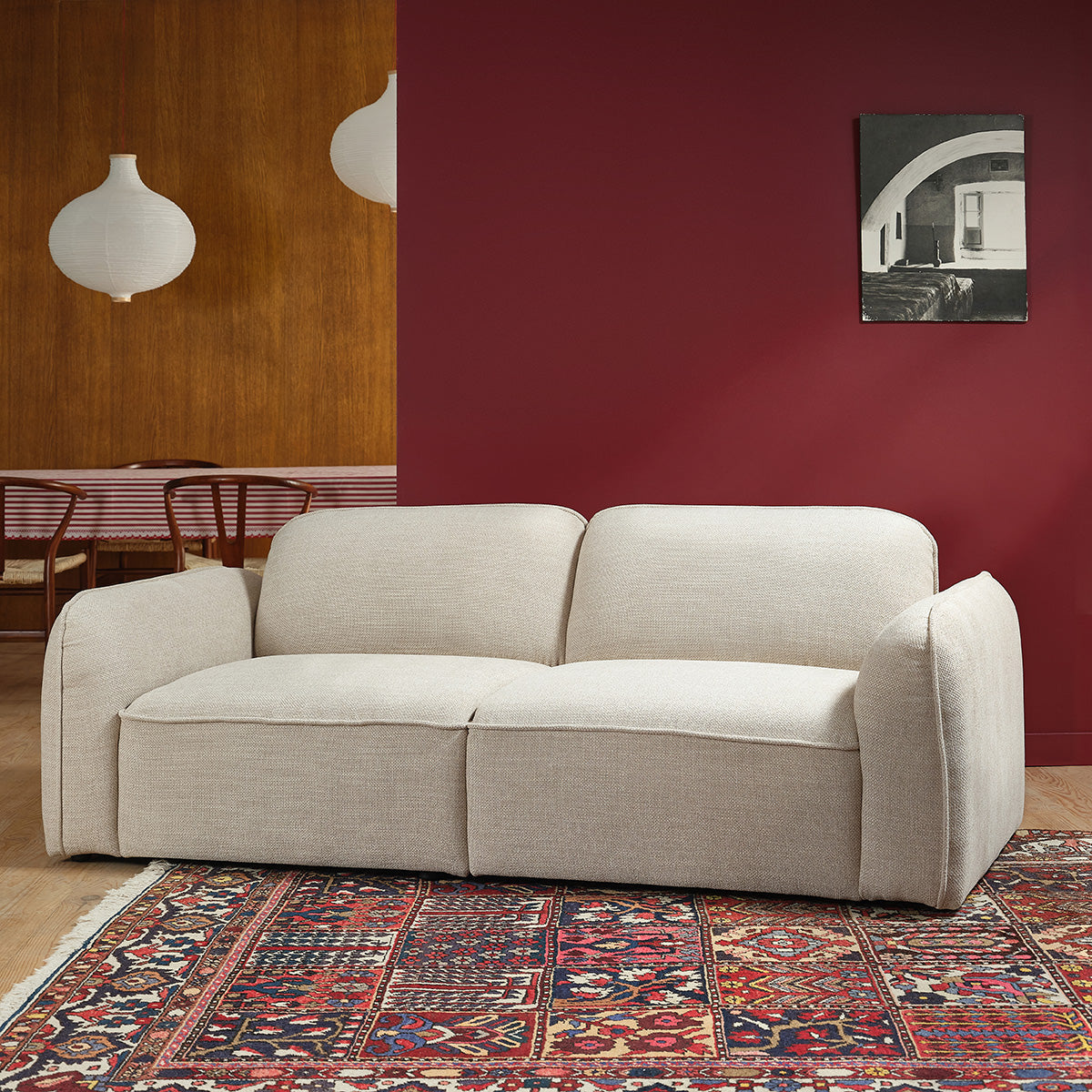 HECTOR - Canapé droit 3 places en tissu texturé beige chiné