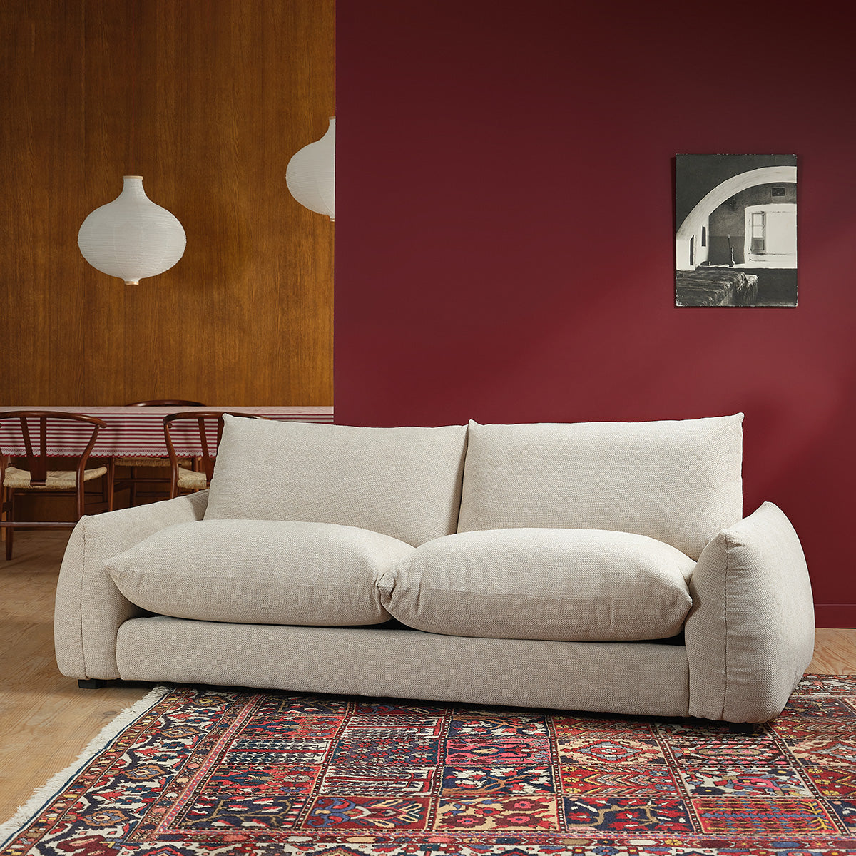 JACQUES - Canapé droit 3 places en tissu texturé beige chiné