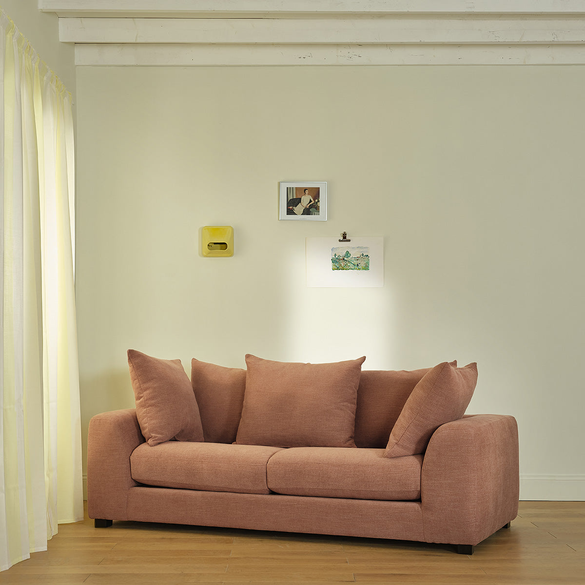 EDMOND - Canapé droit 3 places en tissu effet lin terracotta