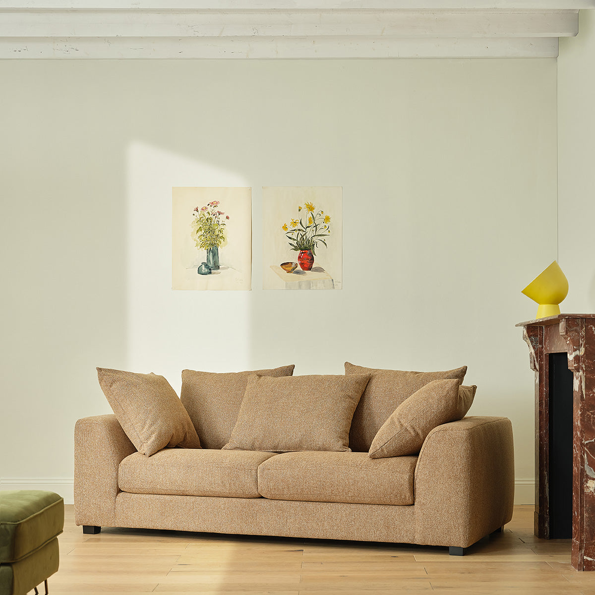 EDMOND - Canapé droit 3 places en tissu texturé marron clair chiné
