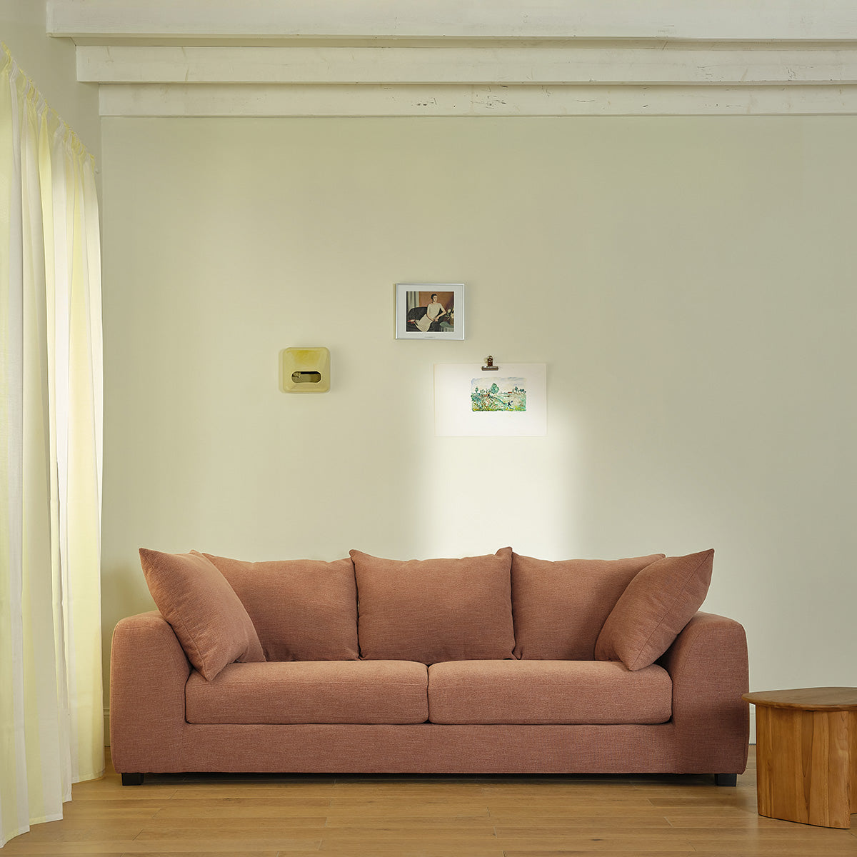 EDMOND - Canapé droit 4 places en tissu effet lin terracotta