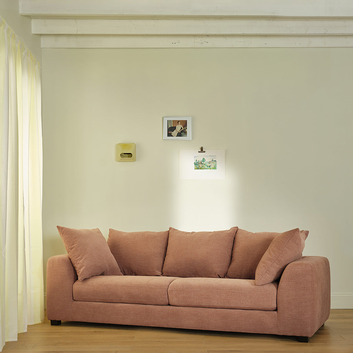 EDMOND - Canapé droit 4 places en tissu effet lin terracotta