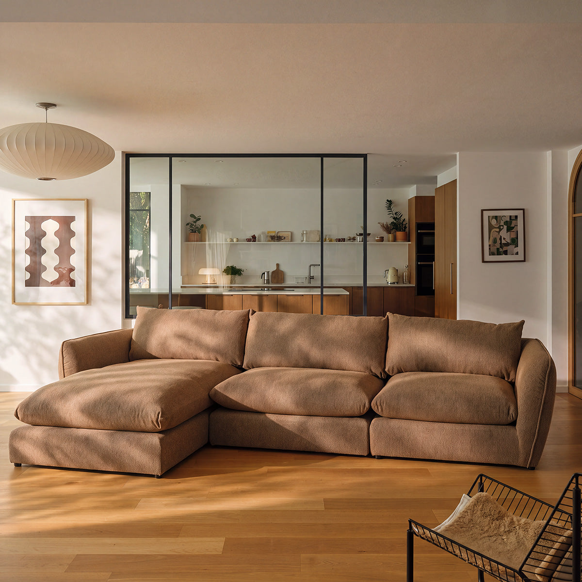 LEOPOLD - Canapé d'angle modulable 3 places en tissu texturé marron clair chiné - méridienne gauche