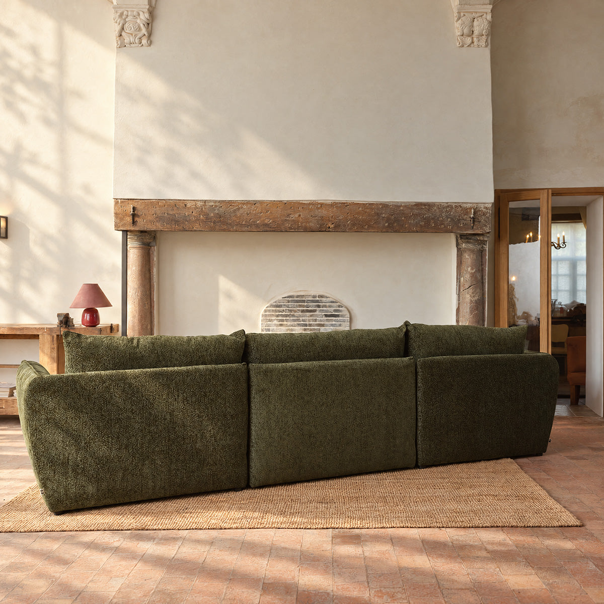 LEOPOLD - Canapé modulable 3 places tissu chenille chiné vert - méridienne gauche
