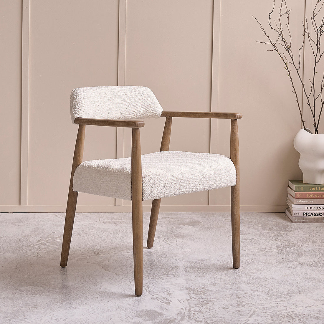 LUISA - Chaise en chêne massif et tissu bouclette écrue