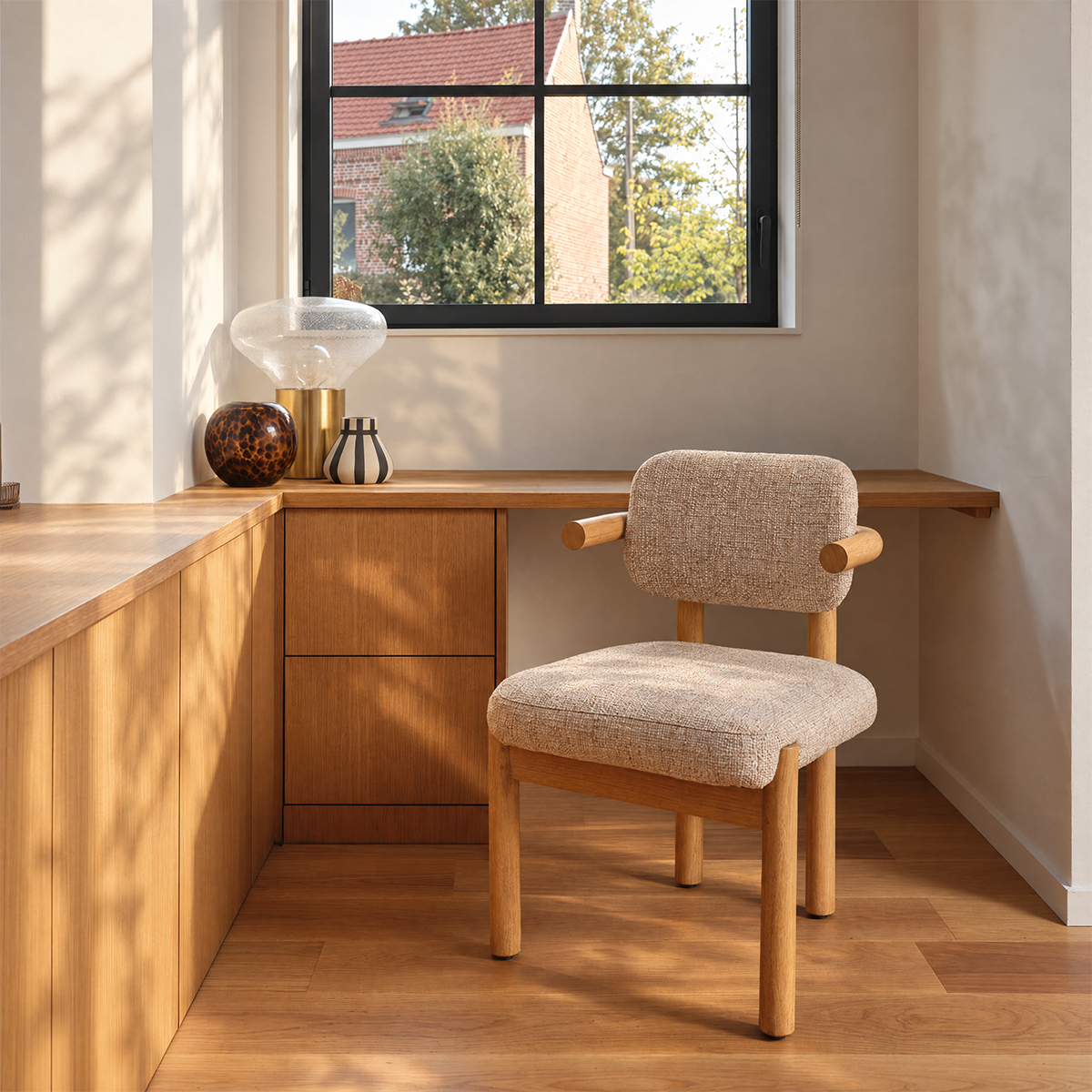 NEO - Chaise en mindi massif naturel et tissu texturé beige chiné