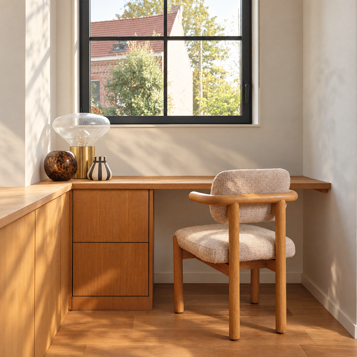 NEO - Chaise en mindi massif naturel et tissu texturé beige chiné