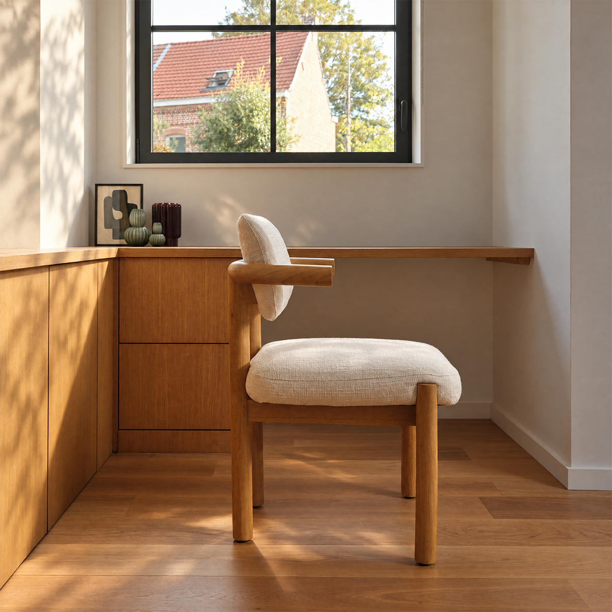 NEO - Chaise en mindi massif naturel et tissu texturé écru