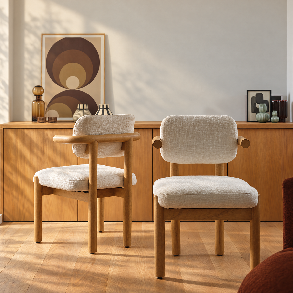 NEO - Chaise en mindi massif naturel et tissu texturé écru