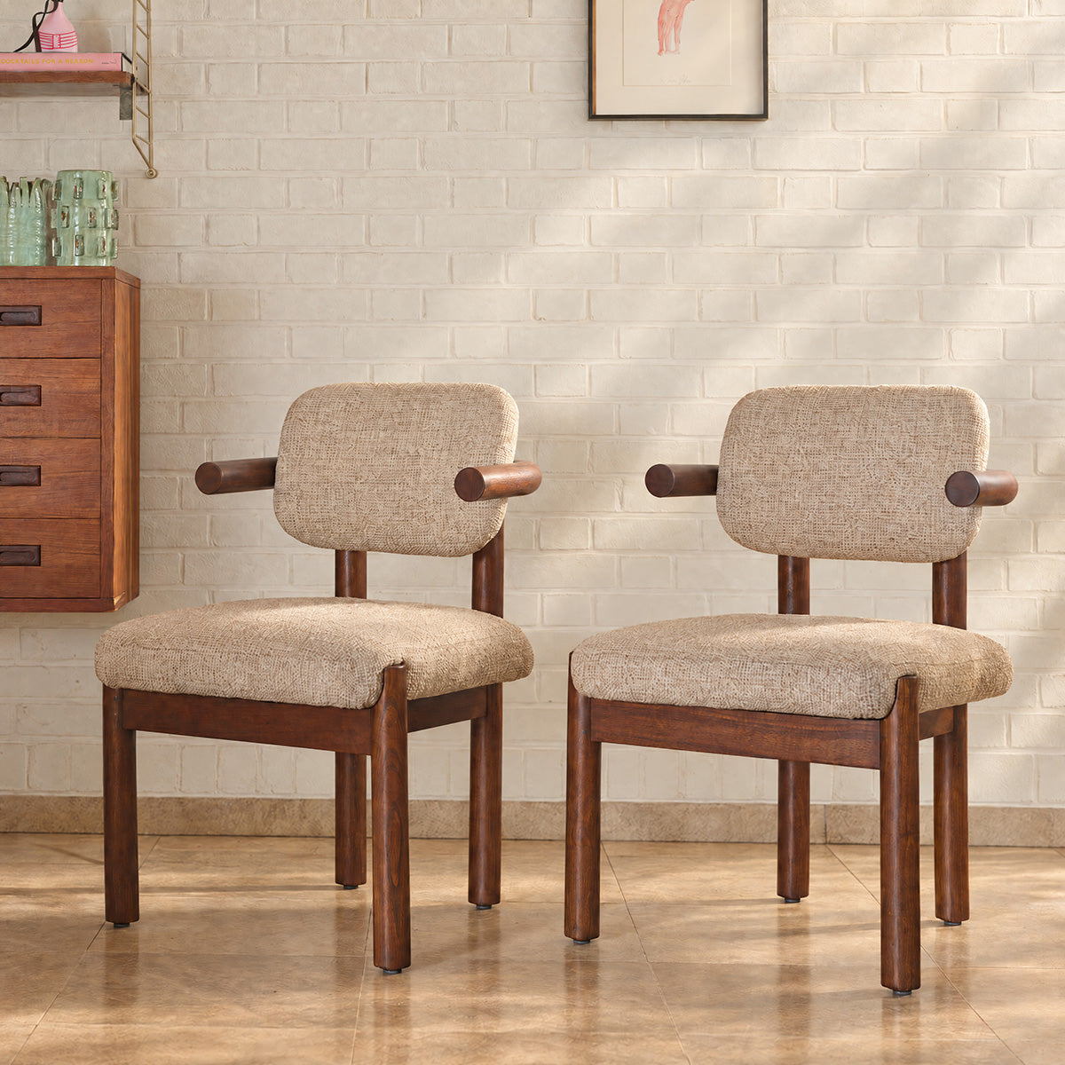 NEO - Lot de 2 chaises en mindi massif et tissu texturé beige chiné