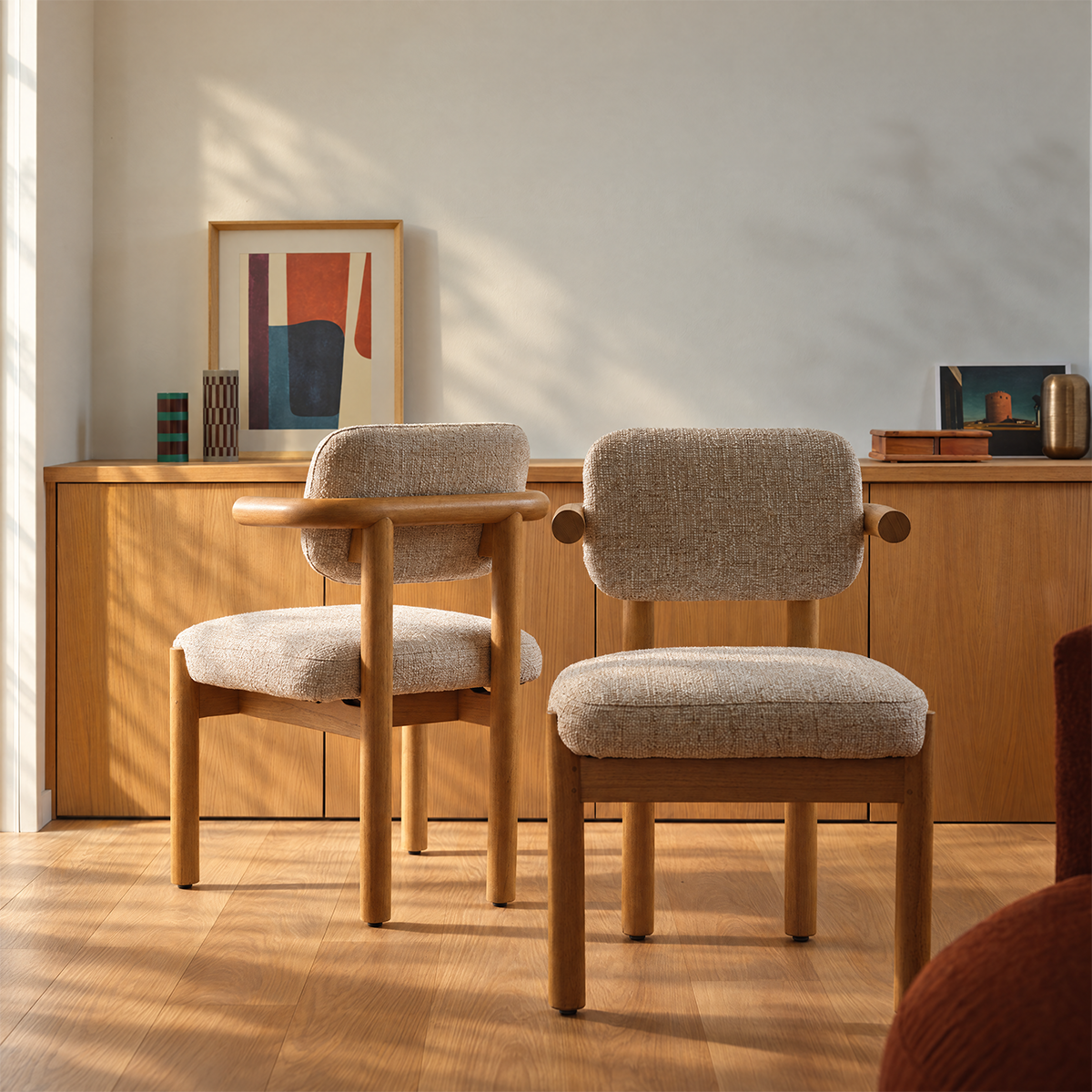 NEO - Lot de 2 chaises en mindi massif naturel et tissu beige chiné