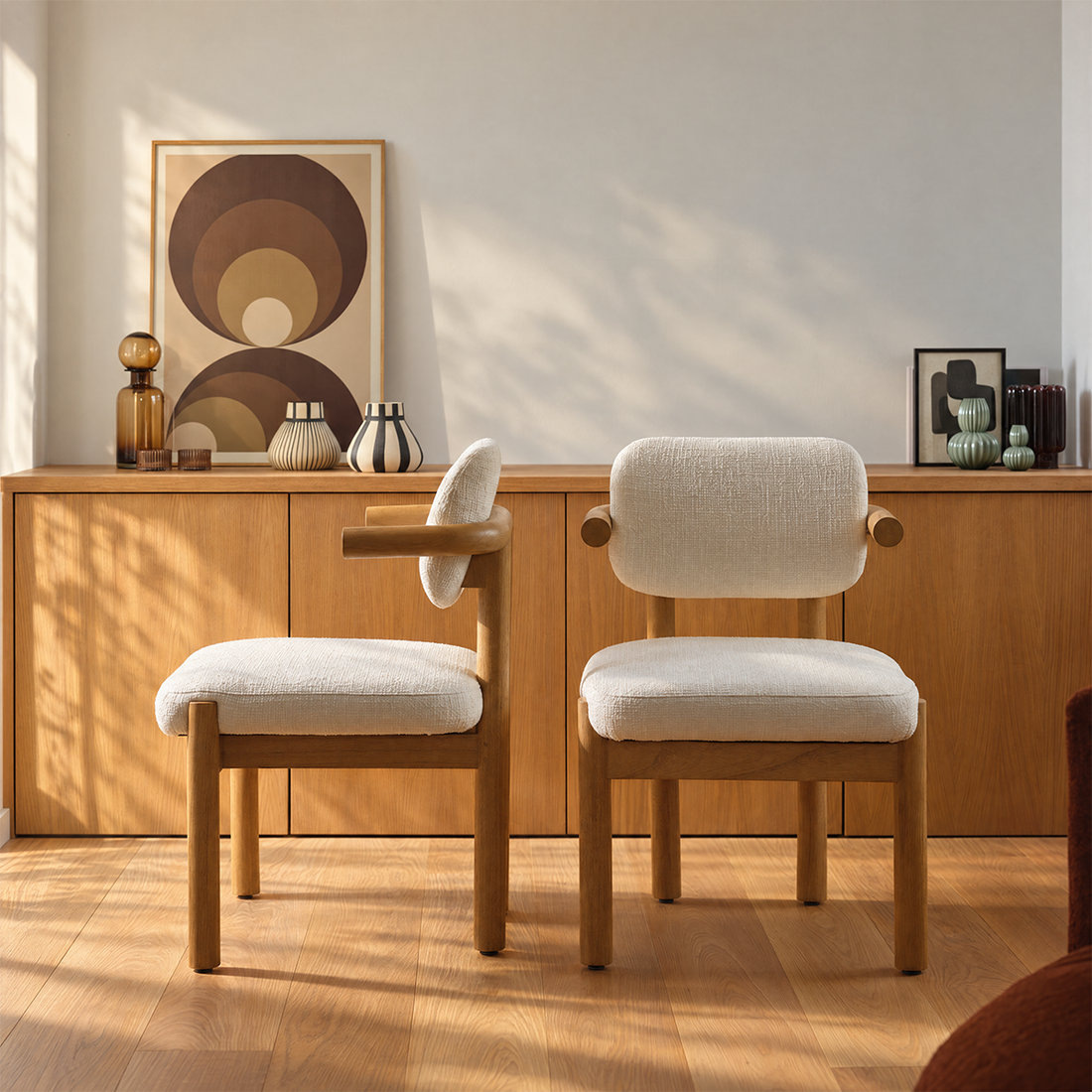 NEO - Lot de 2 chaises en mindi massif naturel et tissu texturé écru