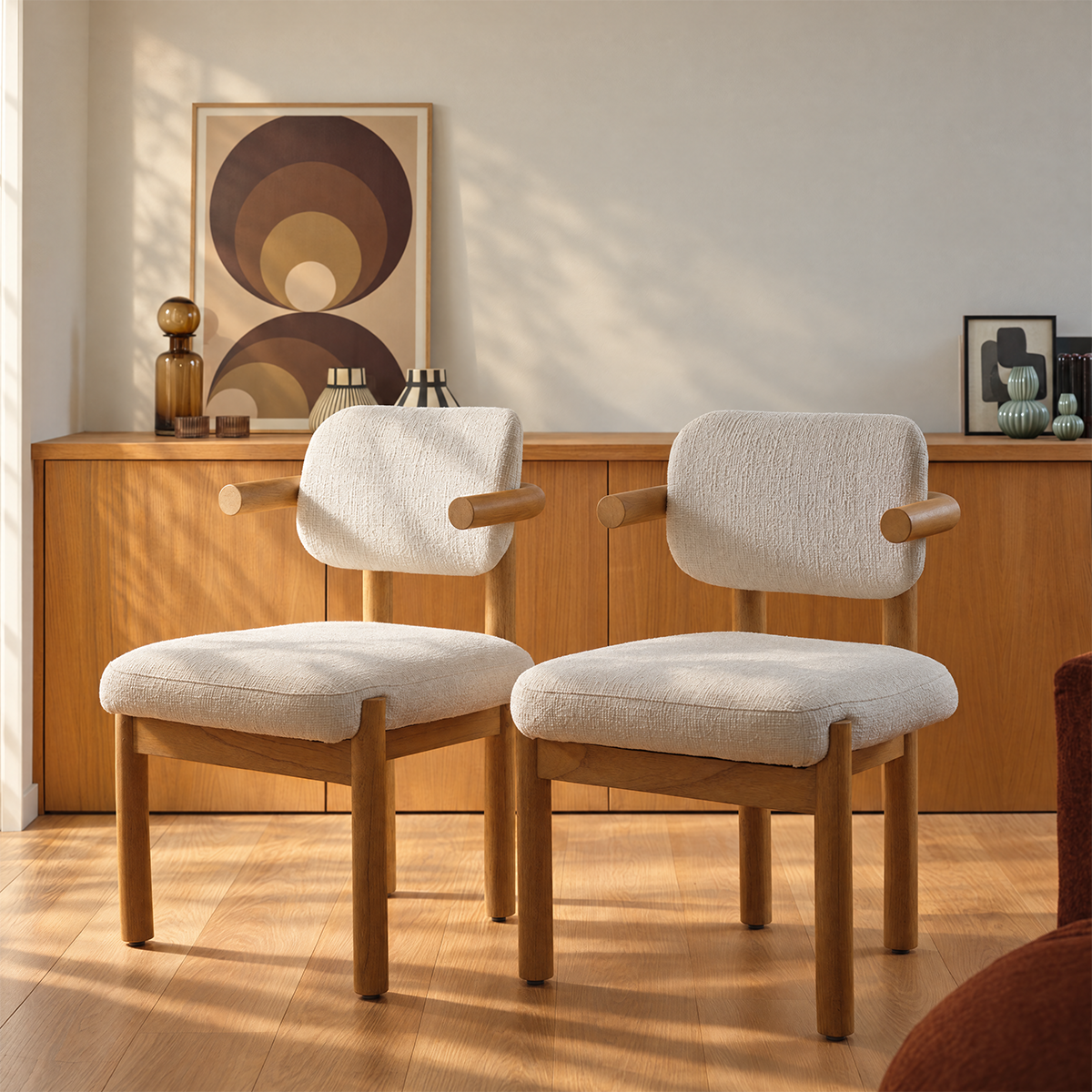 NEO - Lot de 2 chaises en mindi massif naturel et tissu texturé écru