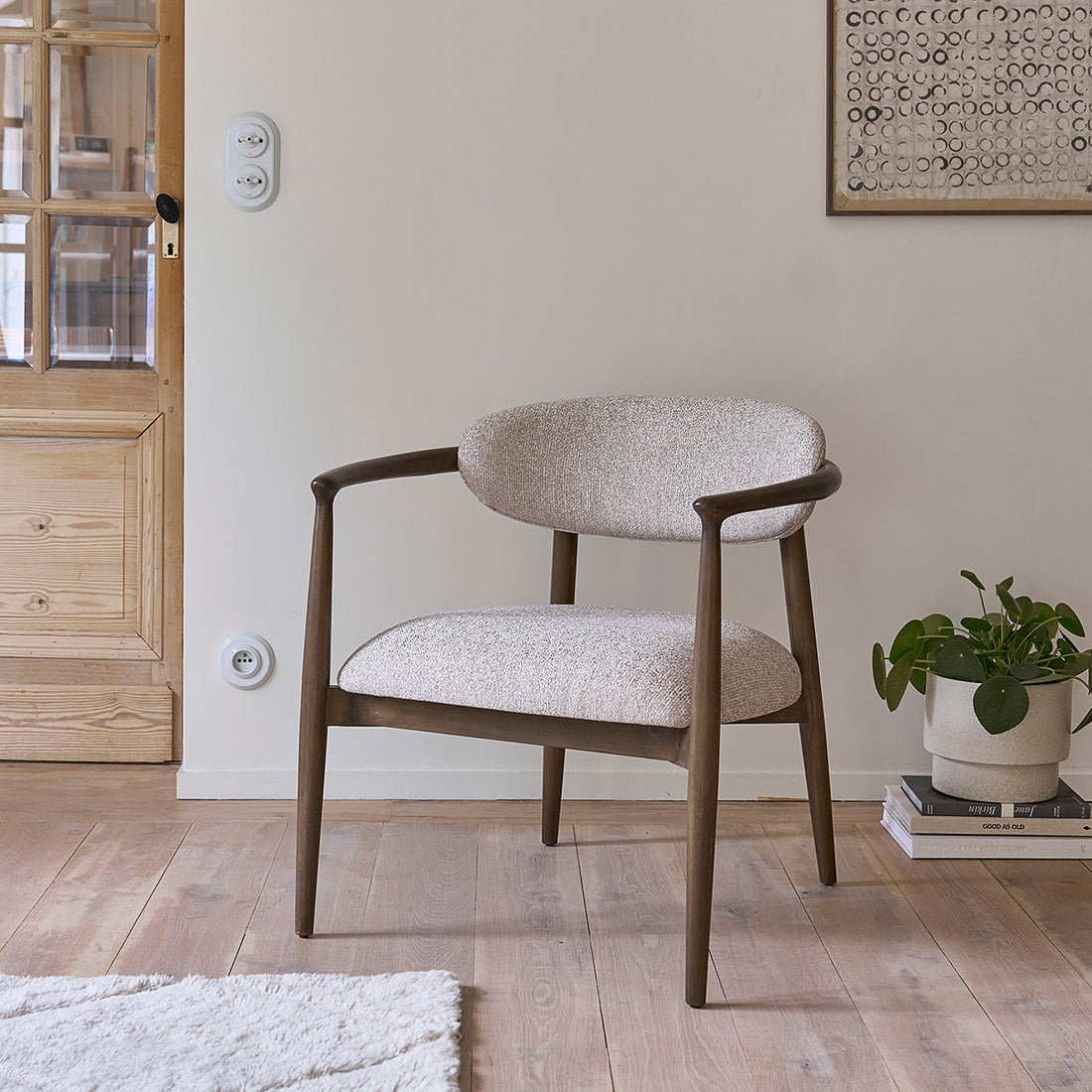 CÔME - Fauteuil en bois massif et tissu texturé beige chiné