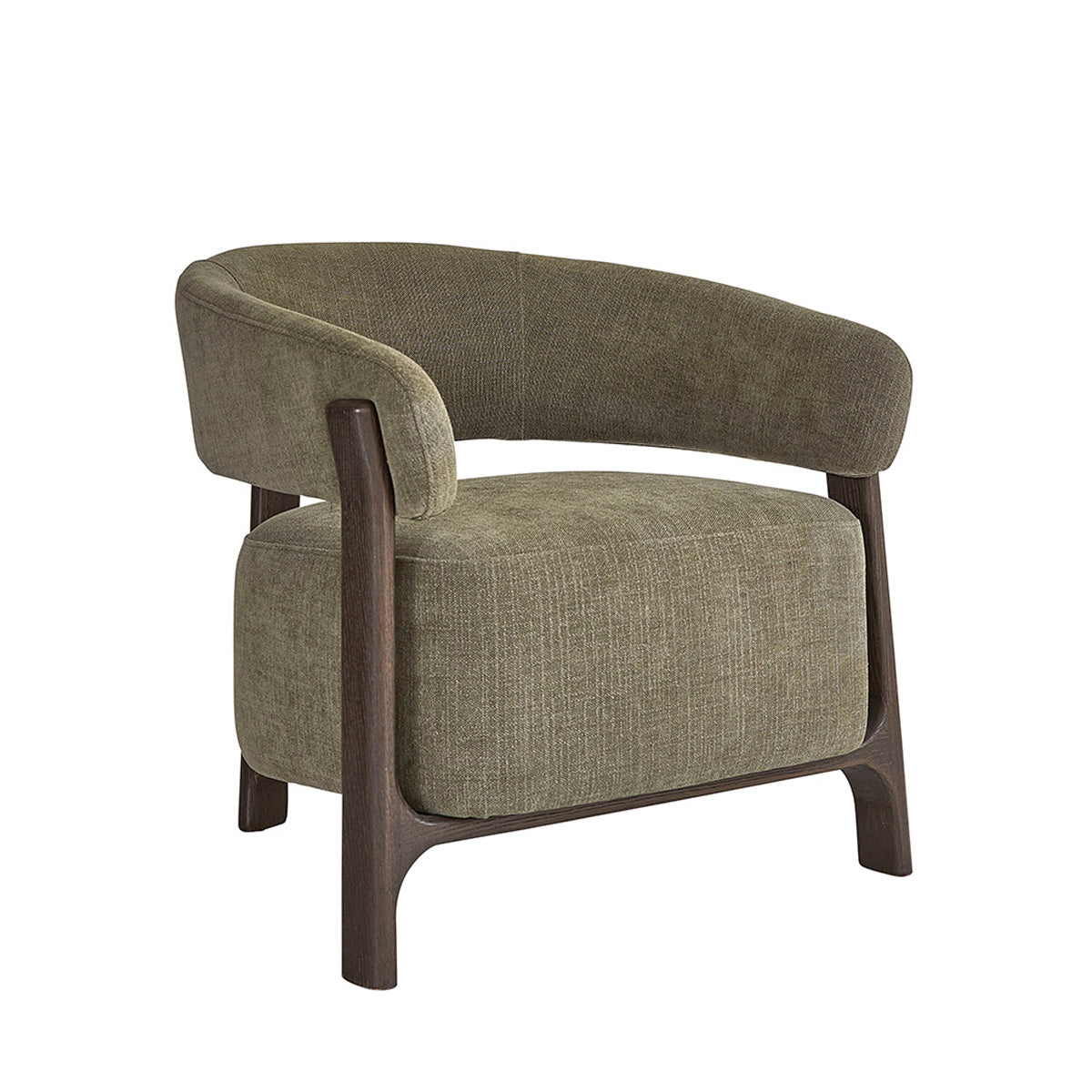 JACQUES - Fauteuil en bois massif finition noyer et tissu chenille kaki