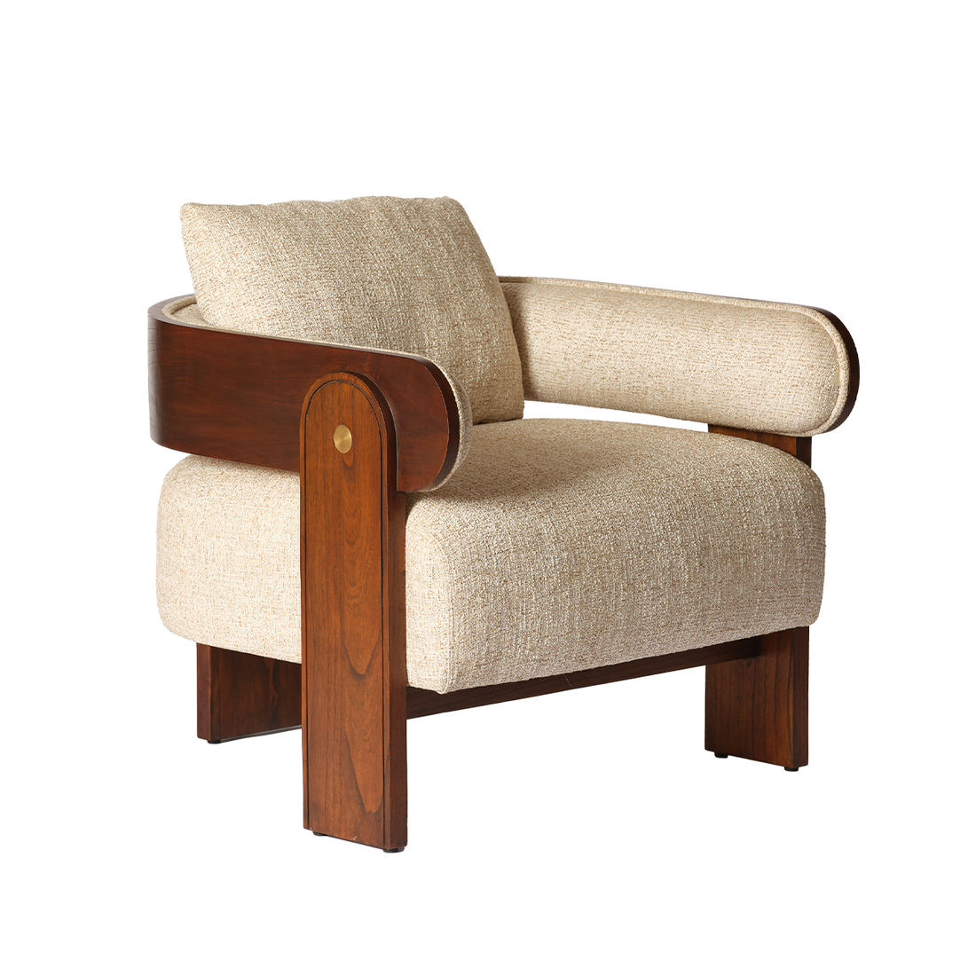 ARCHIBALD - Fauteuil en mindi massif et tissu texturé beige chiné