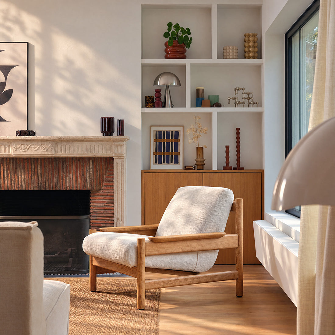 MARCEL - Fauteuil en mindi massif naturel et tissu blanc