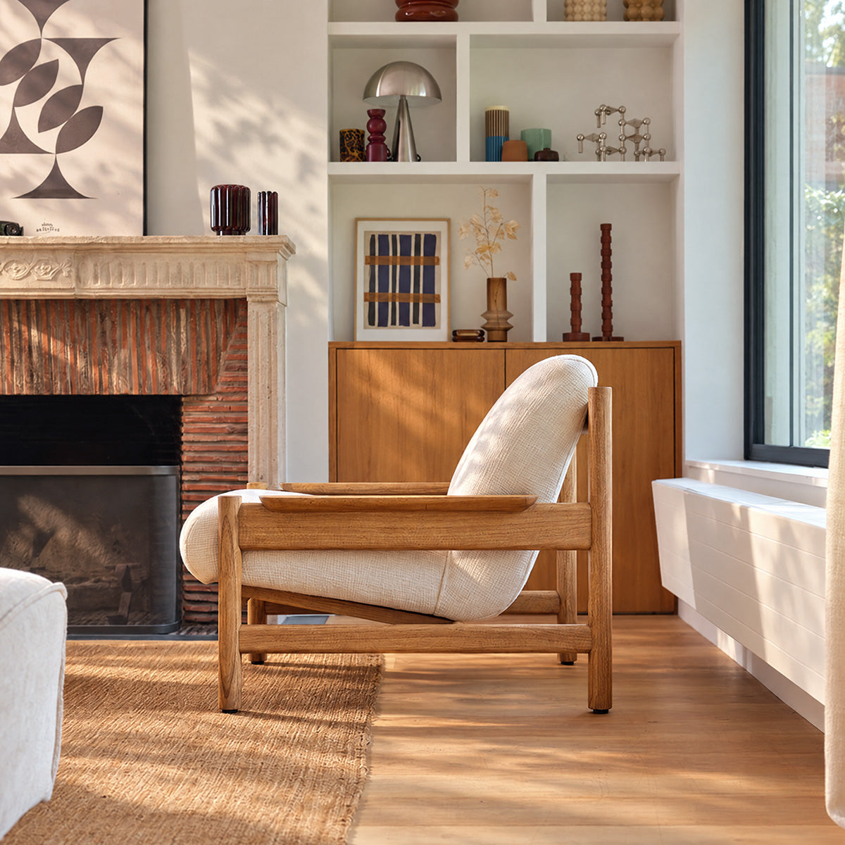 MARCEL - Fauteuil en mindi massif naturel et tissu blanc