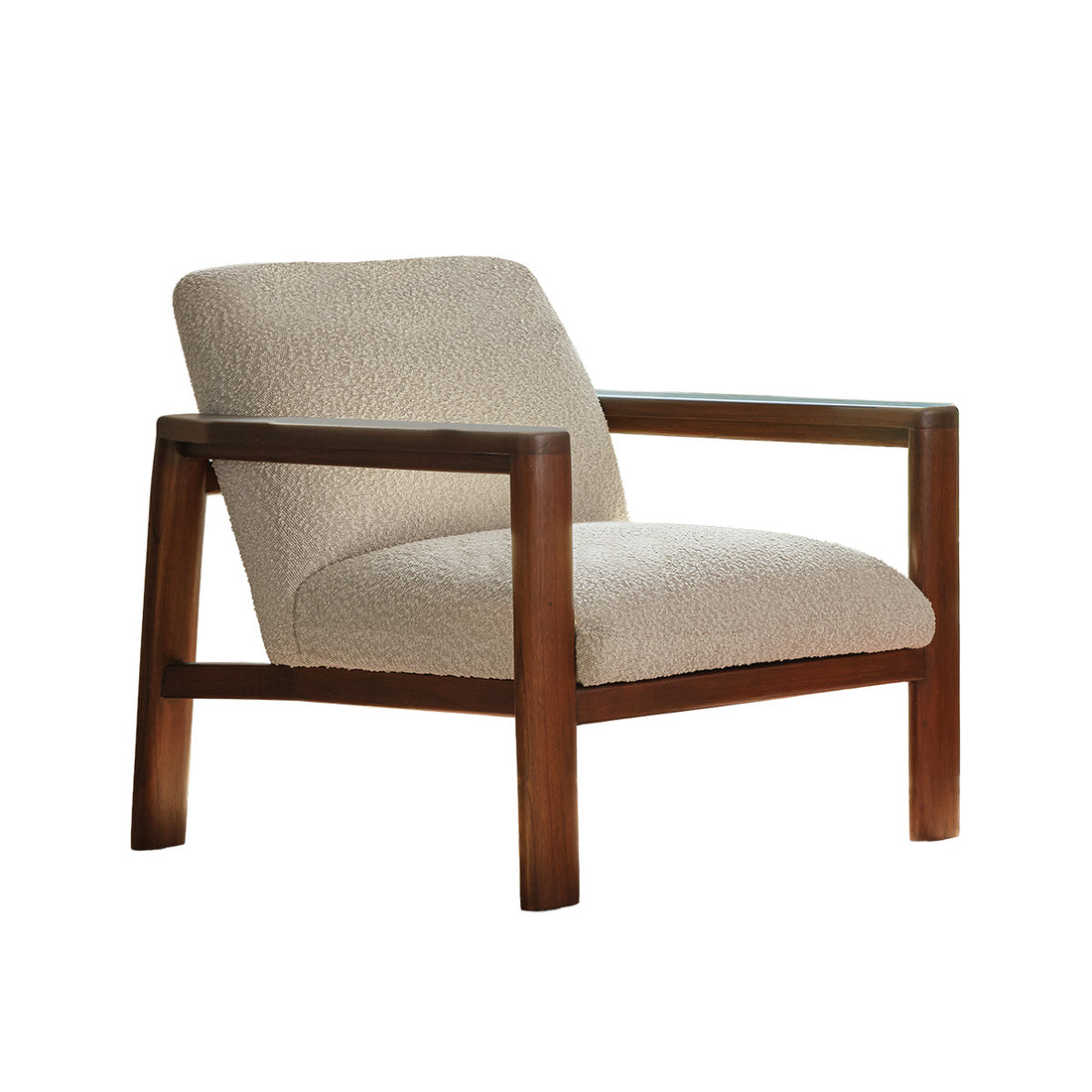 GABRIEL - Fauteuil en mindi massif et tissu bouclette taupe chiné