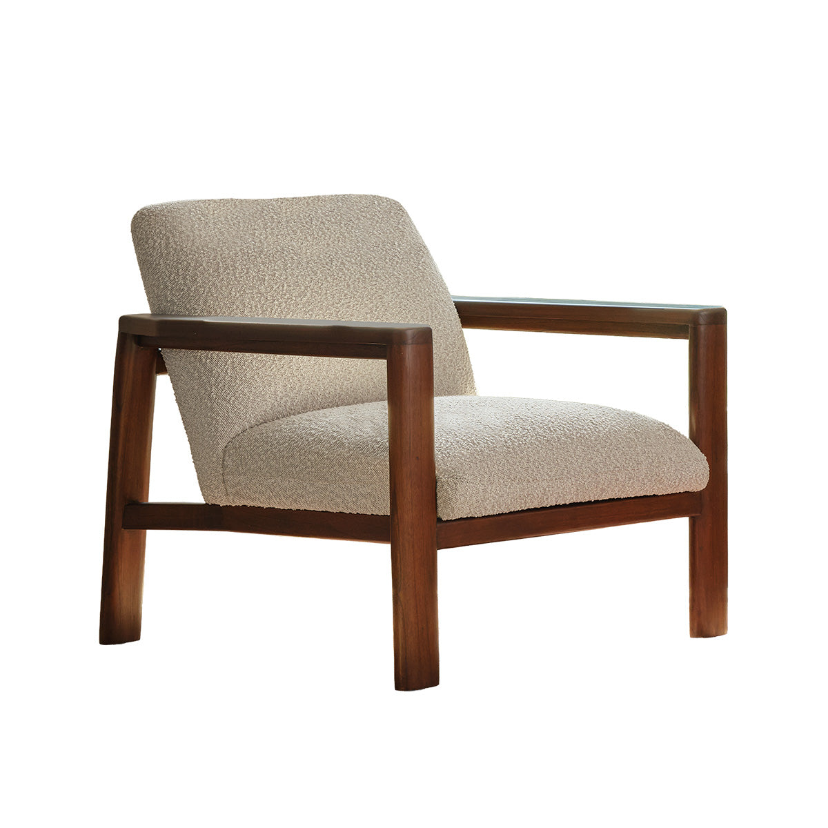 GABRIEL - Fauteuil en mindi massif et tissu bouclette taupe chiné