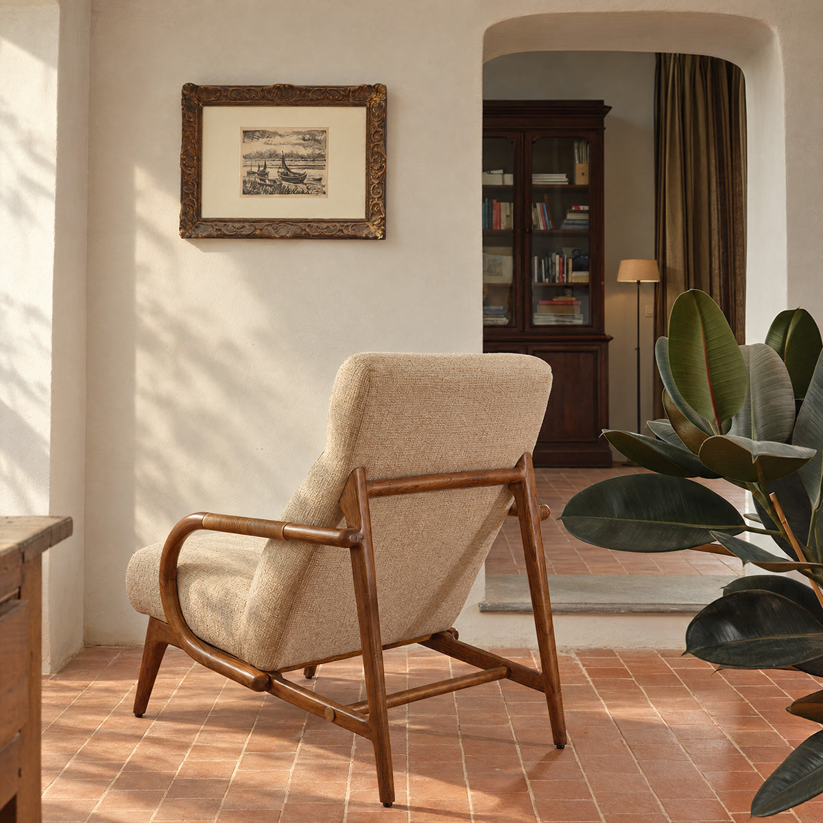 GABIN - Fauteuil en mindi massif, rotin et tissu beige chiné