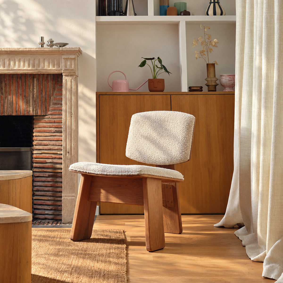 BILY - Fauteuil en teck massif et tissu bouclette écru