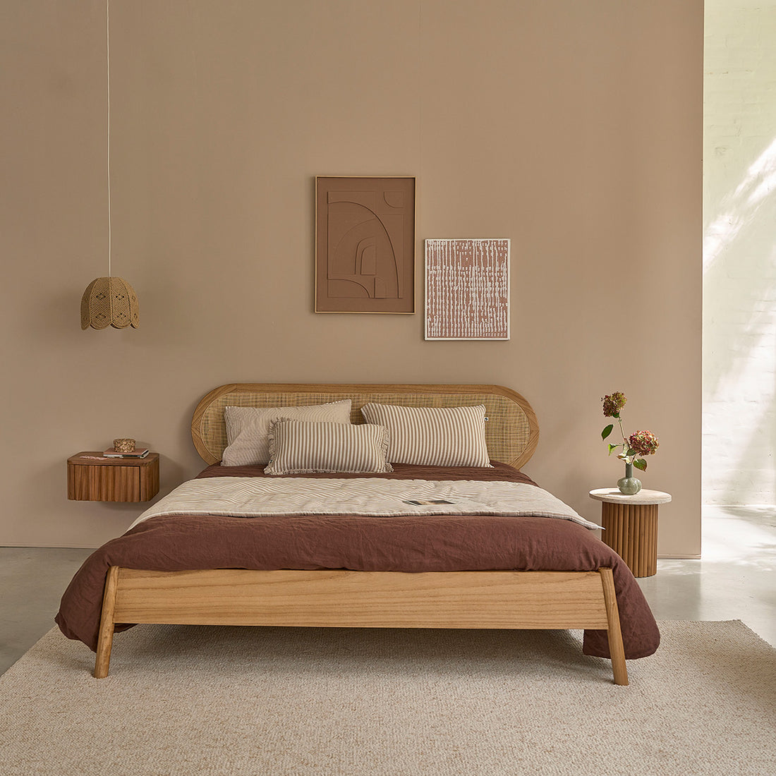 NINA - Lit en bois de mindi et cannage 160 cm avec sommier