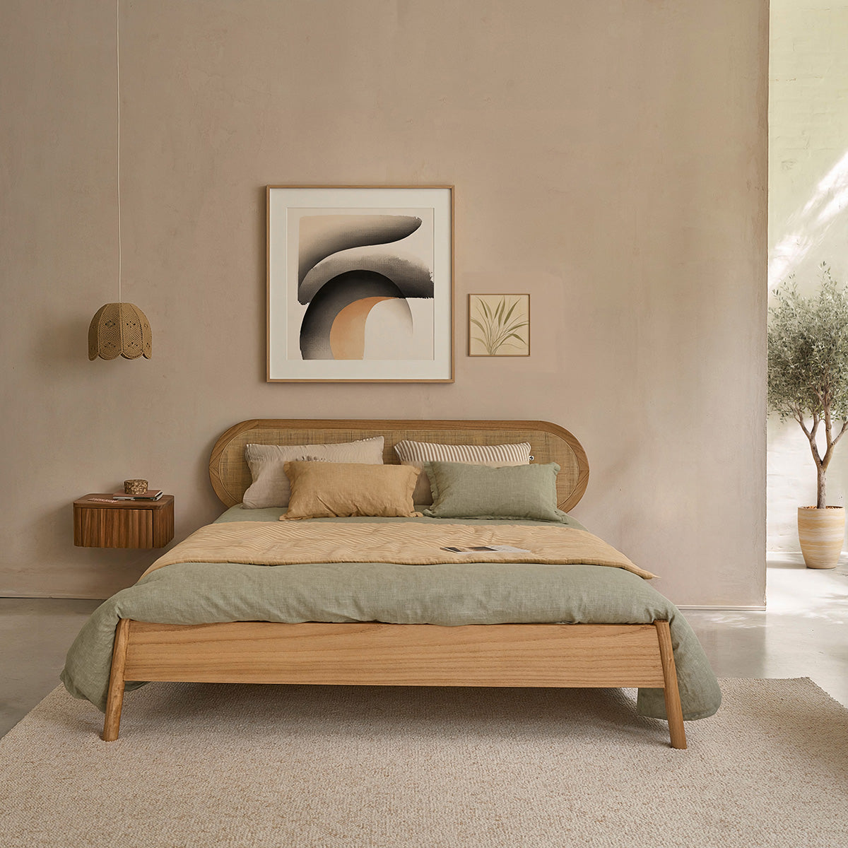 NINA - Lit en bois de mindi et cannage 180 cm avec sommier
