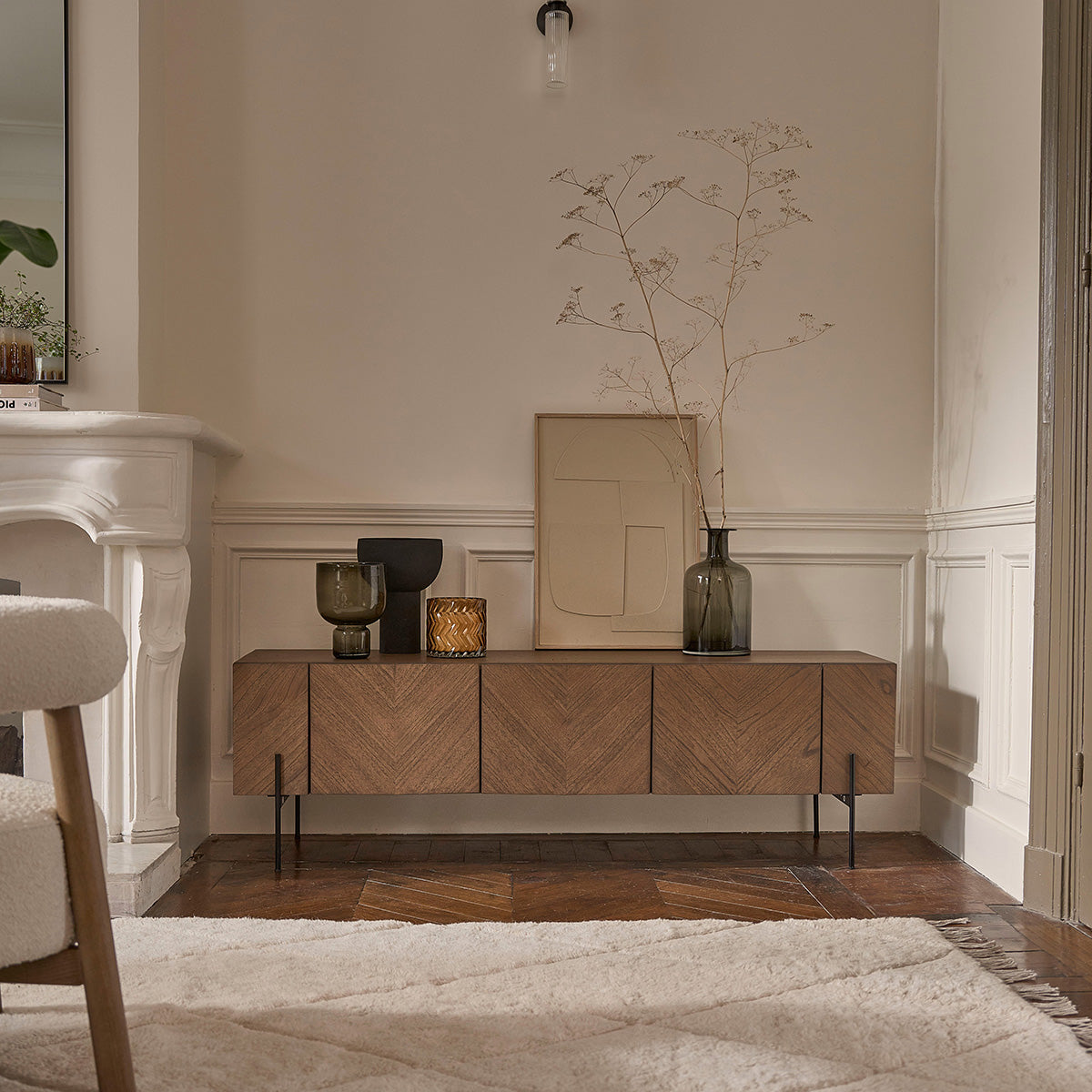 CALIX - Meuble TV en mindi massif pieds en métal 160 cm
