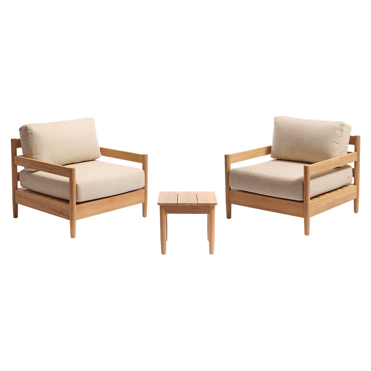 CALVI - Salon de jardin bas en teck massif avec coussins beige chiné 2 pers.