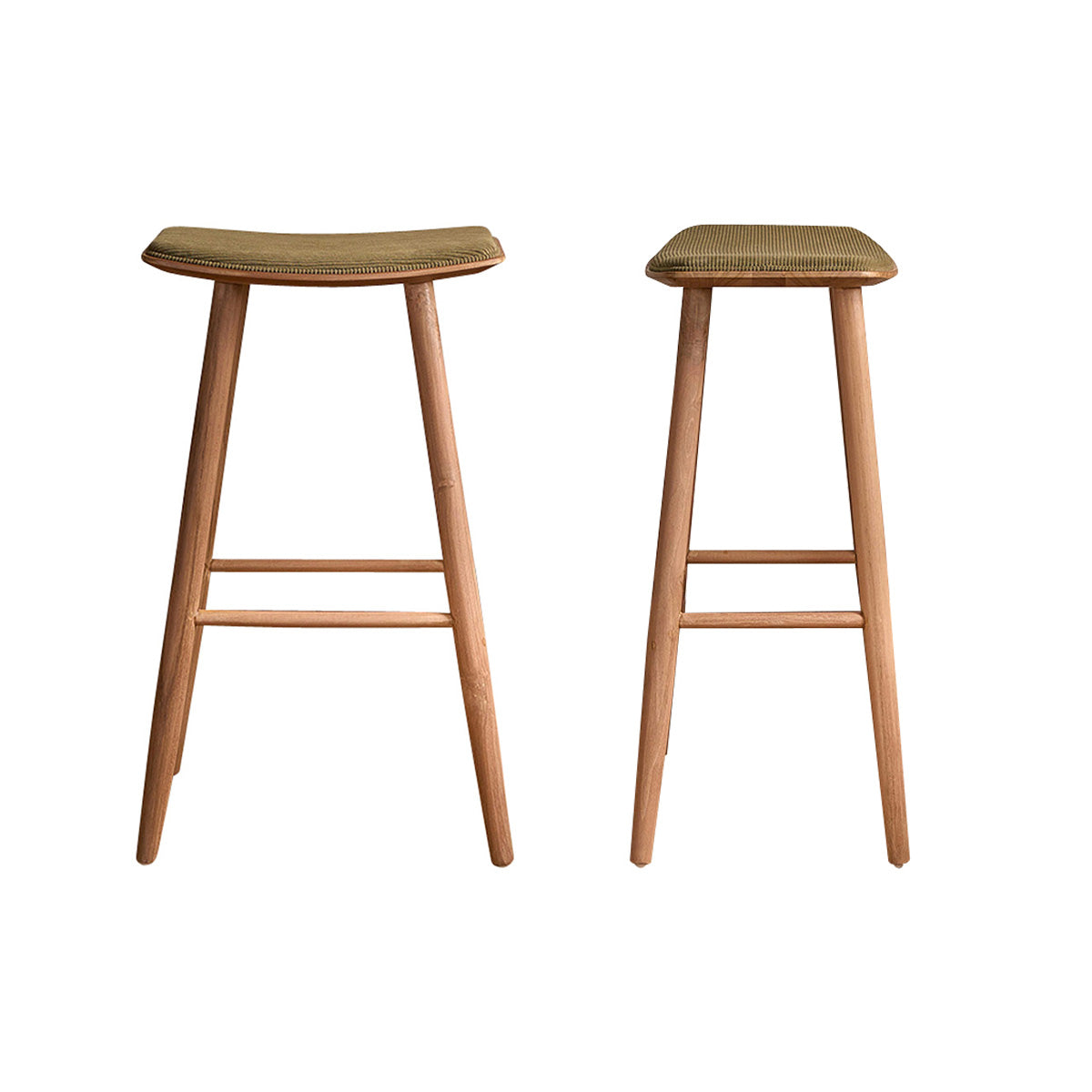 AMBRE - Lot de 2 tabourets de bar en teck massif assise velours cotelé 75 cm