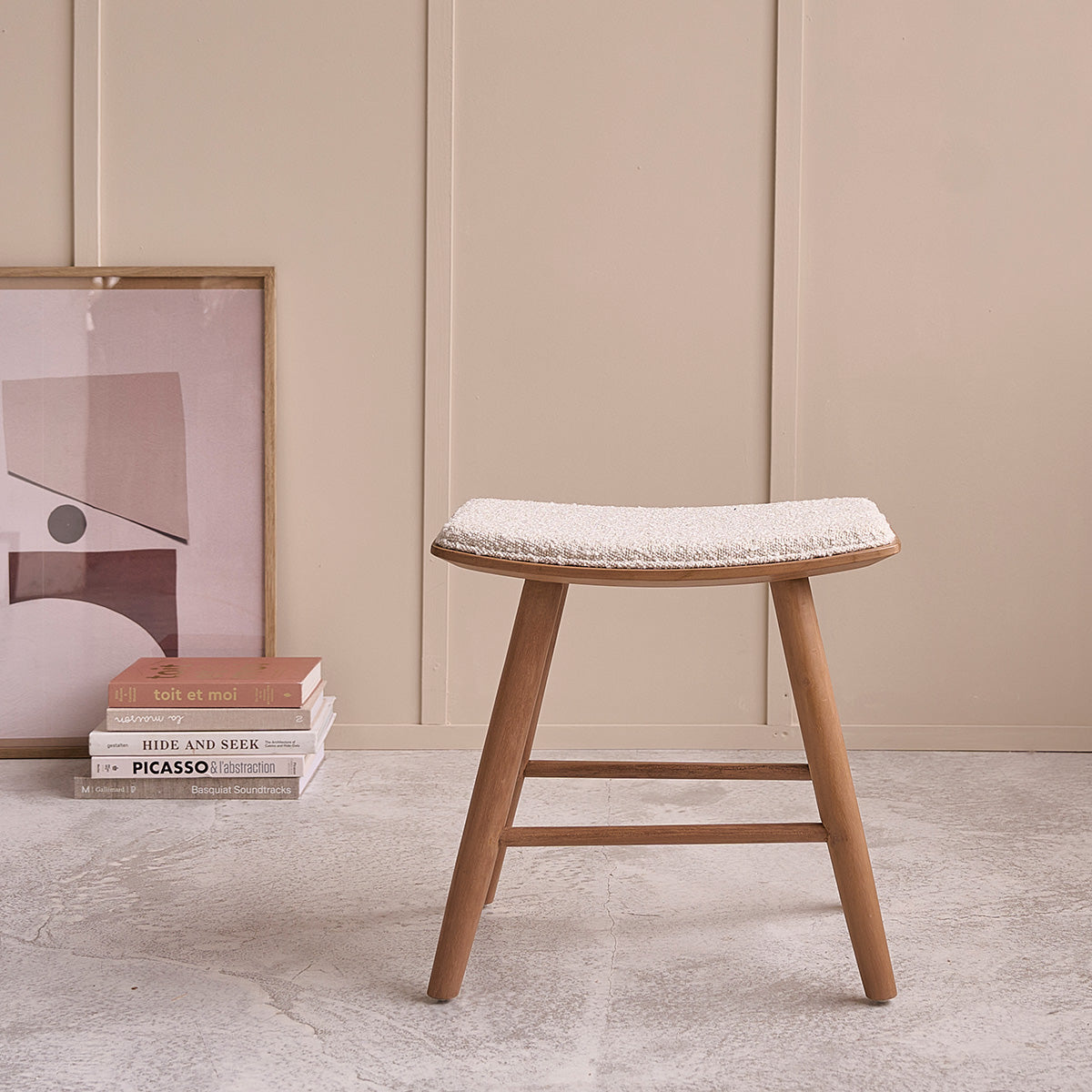 AMBRE - Lot de 2 tabourets en teck massif et tissu bouclette 45 cm