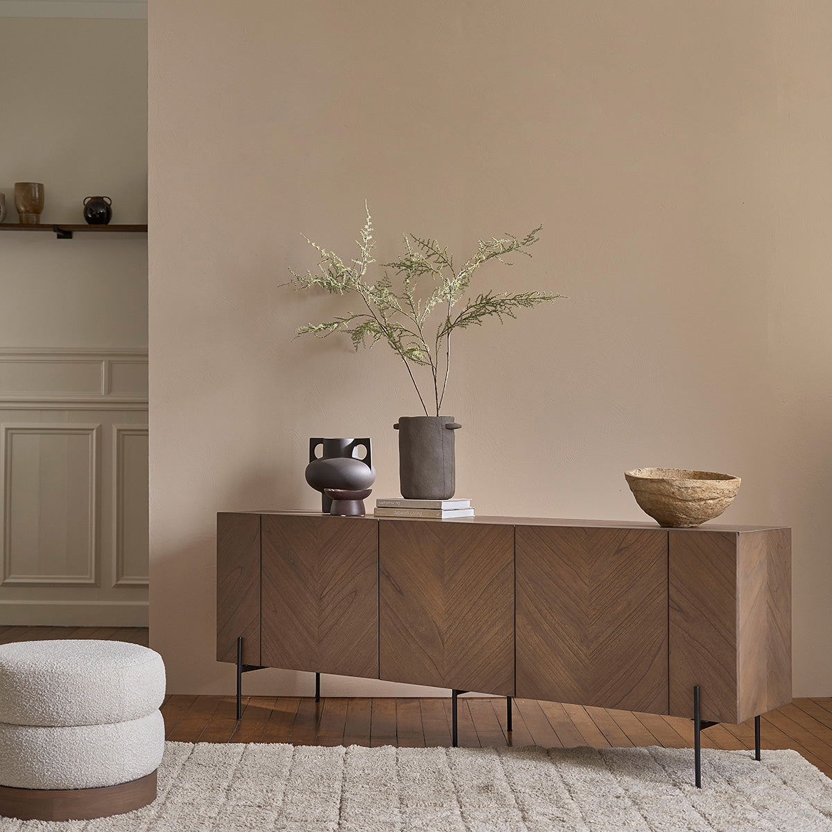 CALIX - Buffet en mindi massif et métal finition noyer 200 cm