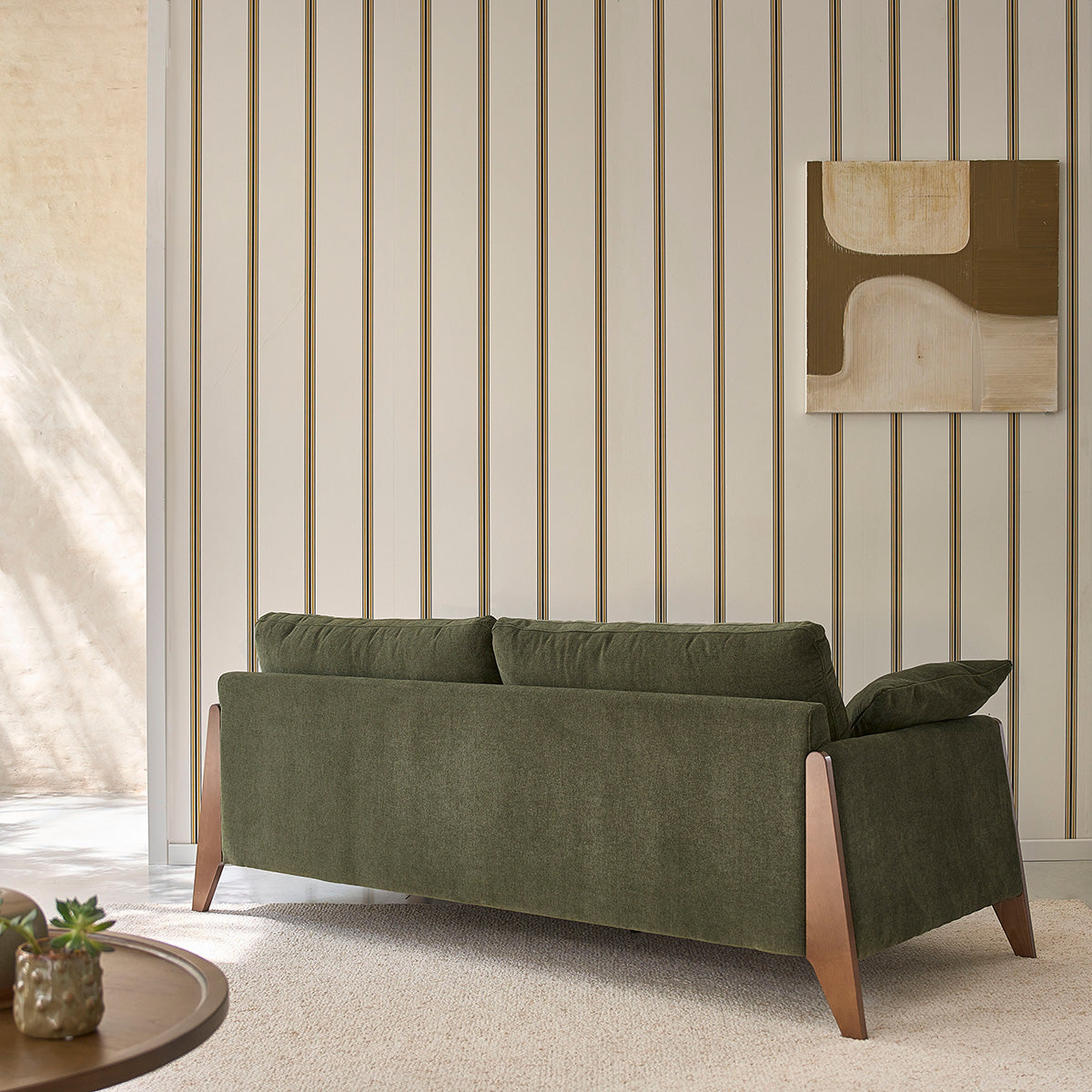 ONDINE - Canapé droit 3 places en bois massif et tissu velours vert mousse