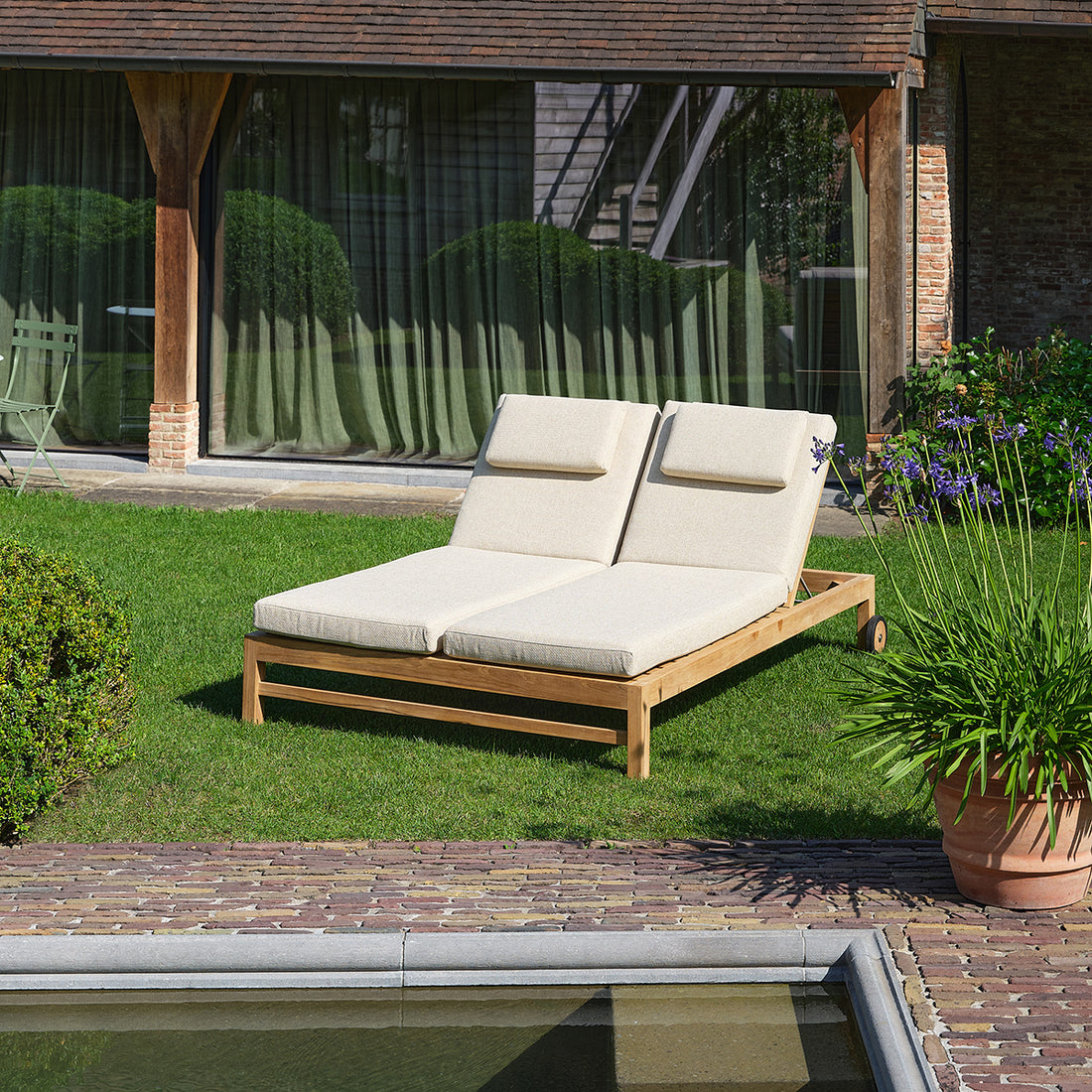 PALOMBAGGIA - Bain de soleil double inclinable en teck massif avec coussins beige chiné